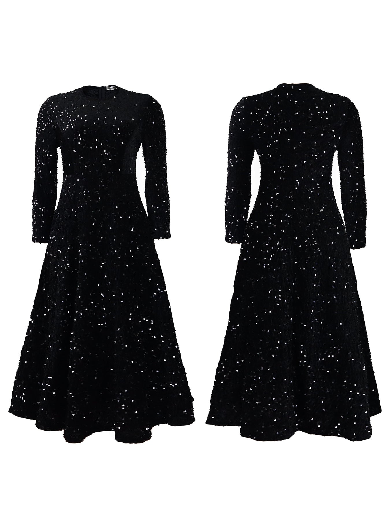 Fashion women's wear D469 Cross-Border New Arrival Women's round Neck Long Sleeve Pure Color Sequins High Waist Temperament Mid-Length Formal Dress European and American Style Dress