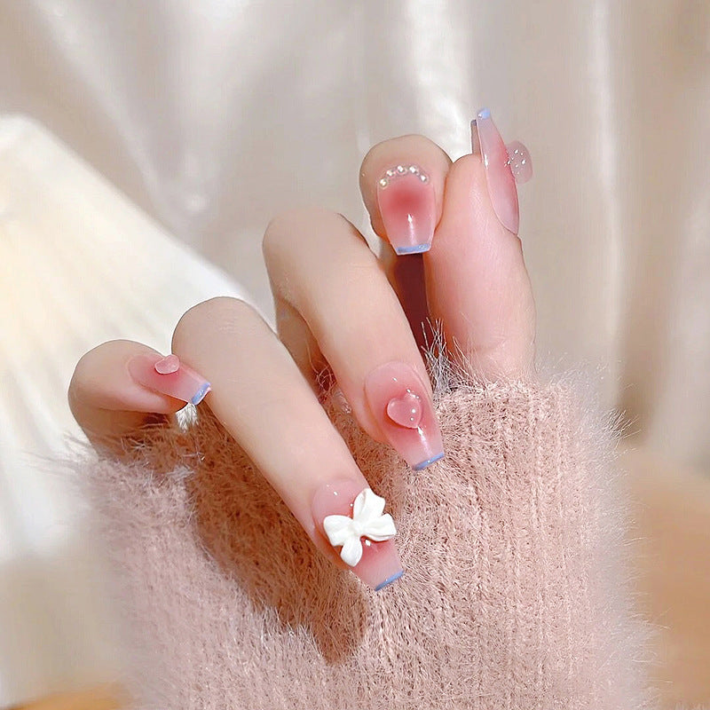 Fashion  nail Fake Nails Mid-Length White Blush Ice Transparent Pink Peach Heart Manicure Wear Nail Detachable Patch Y31