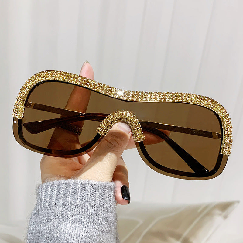 Women's fashion glasses 跨境新款镶钻太阳眼镜酷炫连体金属边朋克墨镜男欧美个性女搞怪