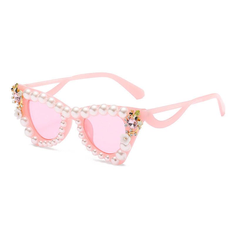 Women's fashion glasses 跨境镶珍珠太阳镜大框架舞会镶钻墨镜女沙滩太阳镜沙雕拍照眼镜