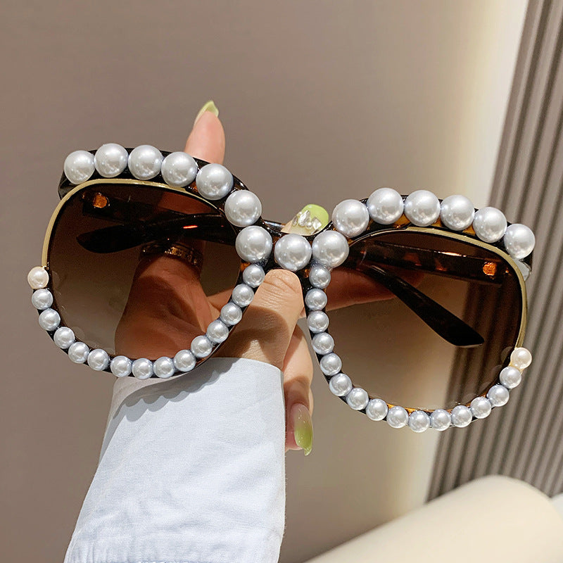 Women's fashion glasses 欧美跨境2023新款镶珍珠无框太阳镜女时尚个性夸张影楼拍照墨镜