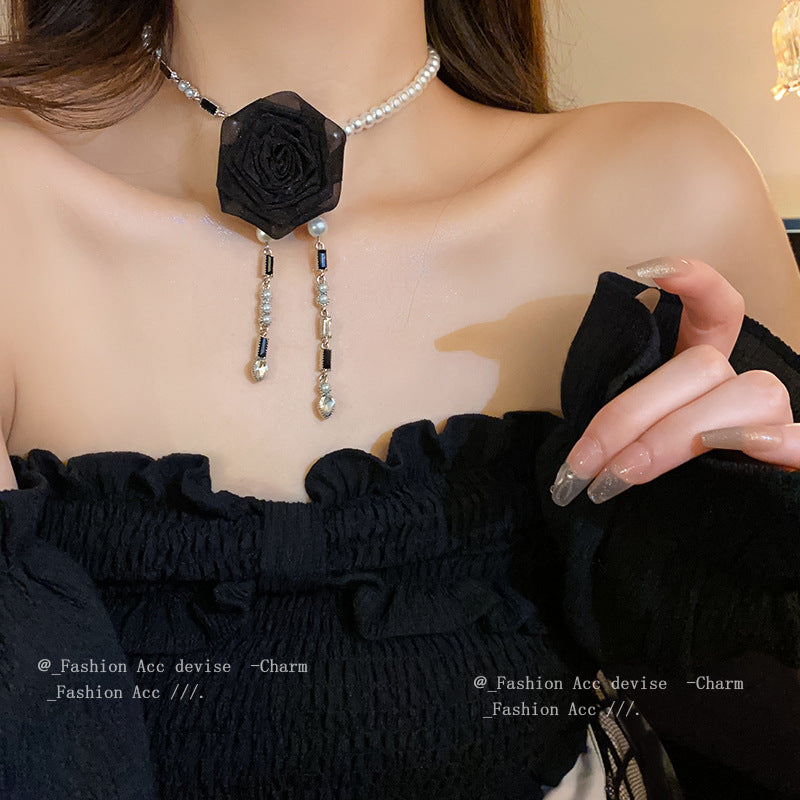 镶钻花朵珍珠项链复古甜美高级感毛衣链小众百搭设计感饰品批发女