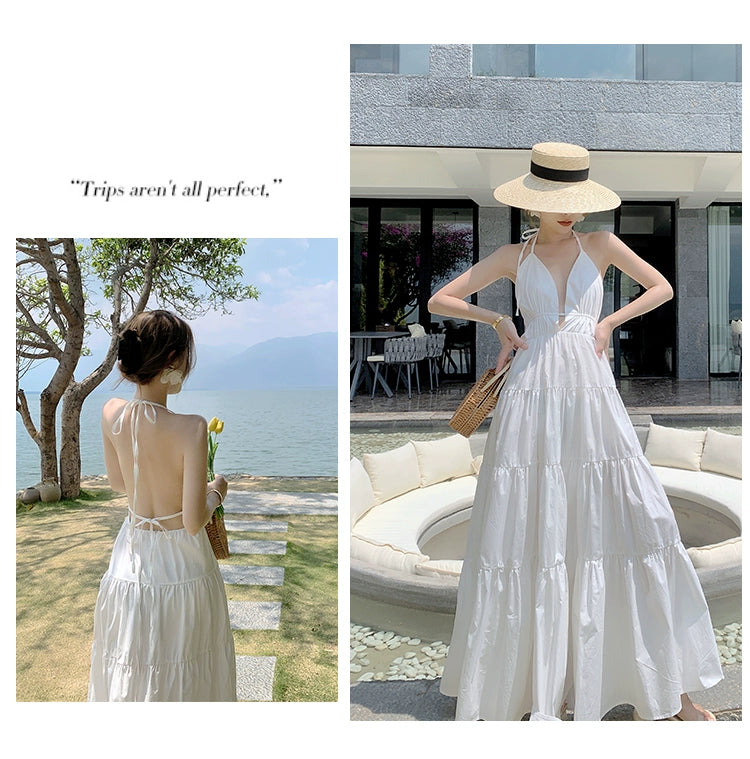 Fashion women's wear Yunnan Travel Photography Fairy Dress Orange Deep V-neck Backless Sling Dress Sanya Seaside Beach Skirt Female