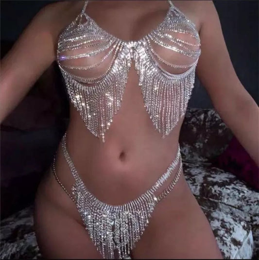 Fashion Jewelry European and American rhinestone body chain set, sexy and shiny tassel nightclub fashion show, trendy lingerie show, body chain
