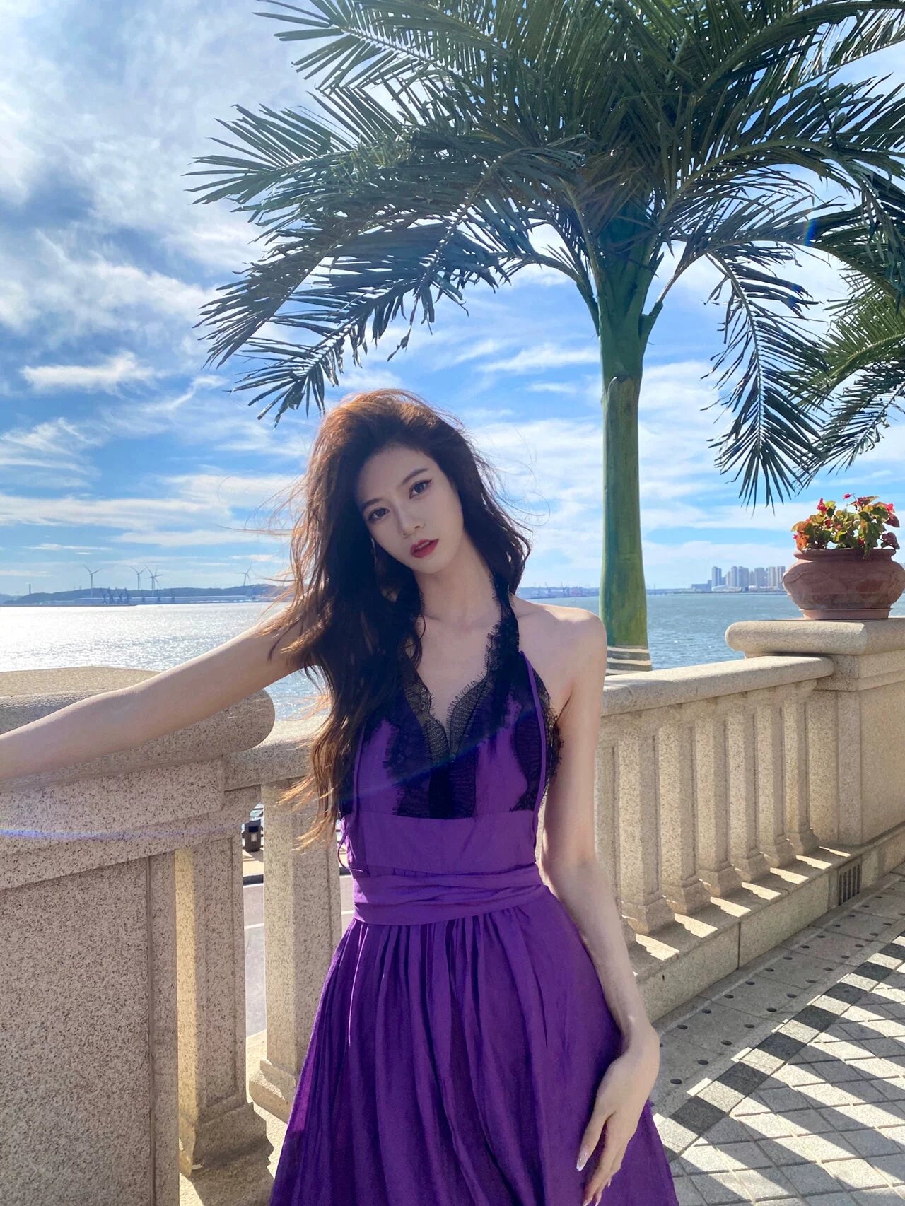 Fashion women's wear French Style High-Grade Lace Stitching Purple Strap Dress Women's Waist Slimming Seaside Vacation Beach Long Skirt