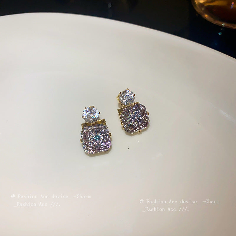 真金电镀银针方形锆石耳环港风轻奢高级感耳钉小众百搭耳饰批发女