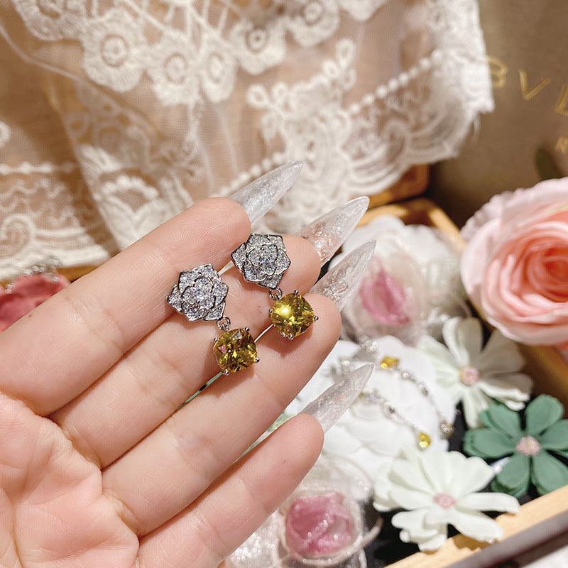 珠宝首饰山茶新款金黄钻玫瑰花套装女 镀18k金多切面璀璨发光轻奢爆闪戒指