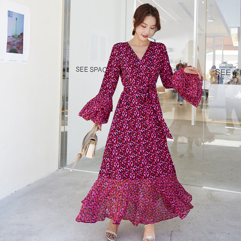 Fashion women's wear Small Red Lip Lantern Sleeve Collarless Long Dress One-Piece Elegant New Leopard Print Printed V-neck Lace-up Wrap Skirt