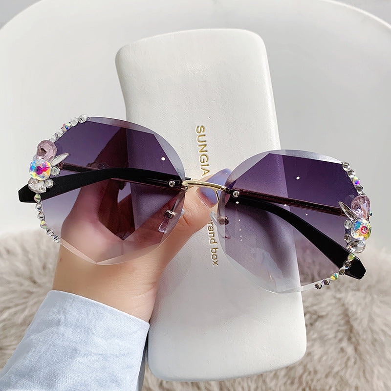 Women's fashion glasses 跨境镶钻无框水钻多边形墨镜女高级感ins大脸显瘦显脸小太阳镜