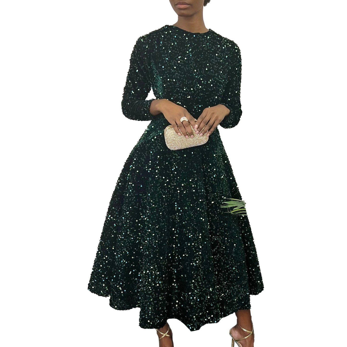 Fashion women's wear D469 Cross-Border New Arrival Women's round Neck Long Sleeve Pure Color Sequins High Waist Temperament Mid-Length Formal Dress European and American Style Dress