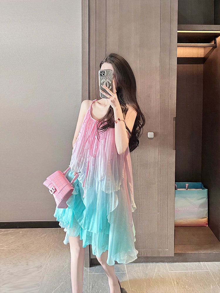 Fashion women's wear Seaside Vacation Sling Dress Women's 2024 Summer New Seaside Photograph Clothes Super Fairy Gradient Skirt Beach Skirt