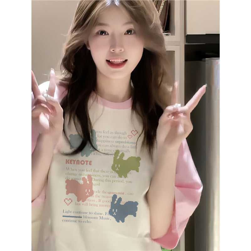 Dopamine tops Free shipping Tattoo 100Kg cotton pink shoulder-plugged short-sleeved t-shirt girlfriend outfit summer female college student dopamine loose and thin top