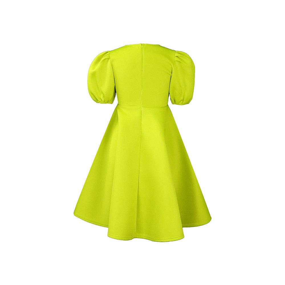 Fashion women's wear Cross-Border European and American Amazon Summer round Neck Graceful Puff Sleeve Waist-Controlled Large Hem Elegant A- line Foreign Trade Dress