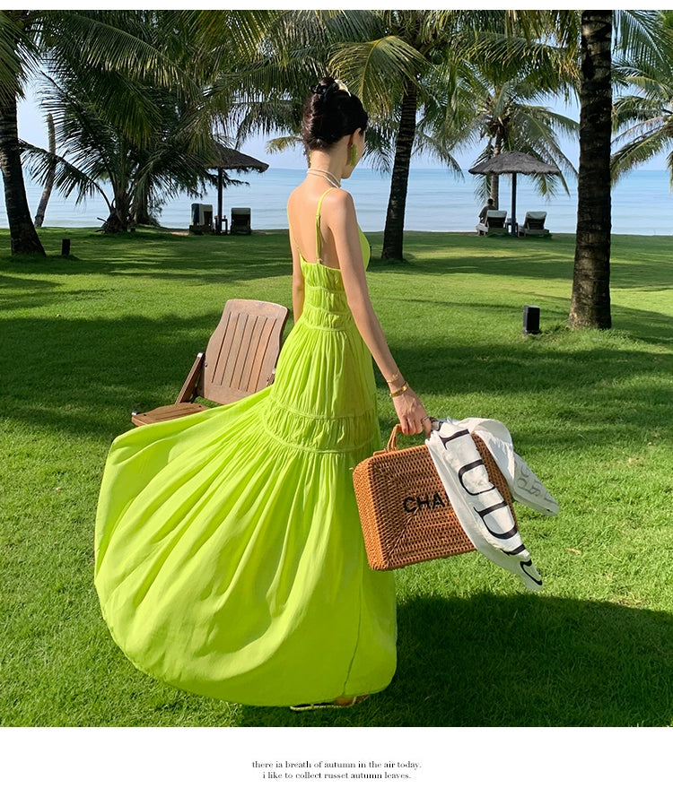 Fashion women's wear Summer Dopamine Seaside Vacation Deep V Dress Green Suspenders Ankle-Length Dress Sanya Slimming Beach Skirt Female