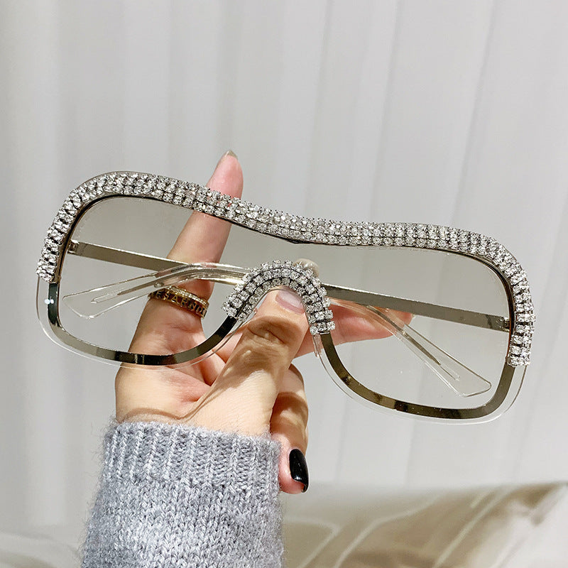 Women's fashion glasses 跨境新款镶钻太阳眼镜酷炫连体金属边朋克墨镜男欧美个性女搞怪