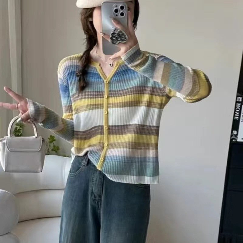 Dopamine tops Free shipping Tattoo Early autumn new striped versatile contrasting colors rainbow dopamine wear long-sleeved V-neck knitted sweater women