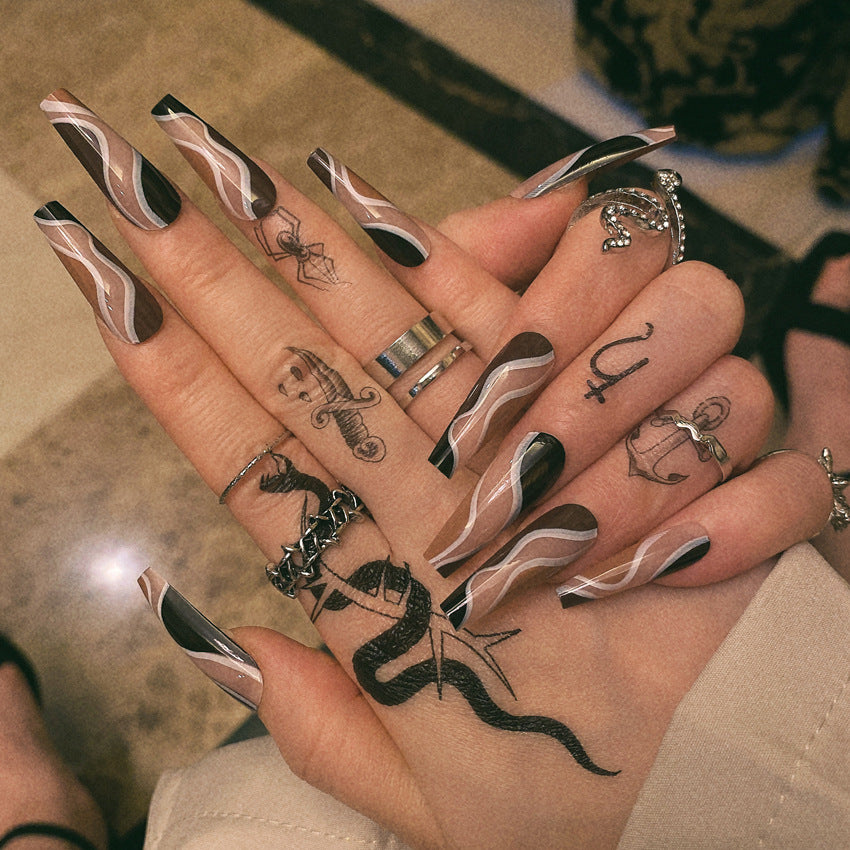 Fashion  nail Wearable Fake Nails Pattern Wave Manicure European and American Nail Nail Sticker Finished Detachable Nail Tip Patch Ballet Nail W7