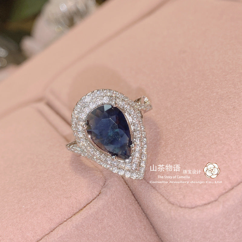Camellia罗马宫廷仿蓝宝石泪滴戒指 镀18K金微镶5A满锆蓝刚玉指环