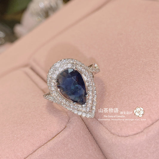 Camellia罗马宫廷仿蓝宝石泪滴戒指 镀18K金微镶5A满锆蓝刚玉指环