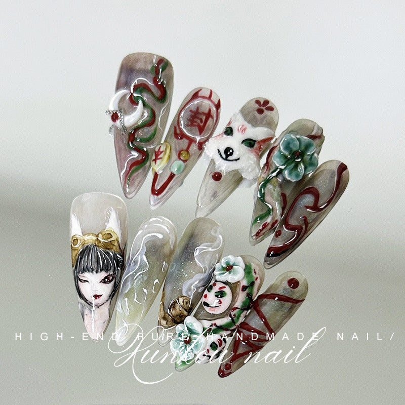(Hand-Made Nail) Hand-Painted Nail Manicure Heavy Industry Hand-Painted Ice Transparent Blooming Red and Black Face Purple Flower Butterfly Disassembly