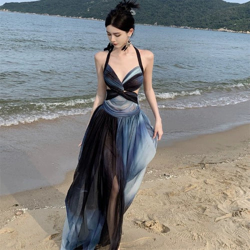 Fashion women's wear Thailand Sanya Holiday Halter Dress Summer Backless Seaside Travel Wear and Take Photos Beach Skirt Atmosphere