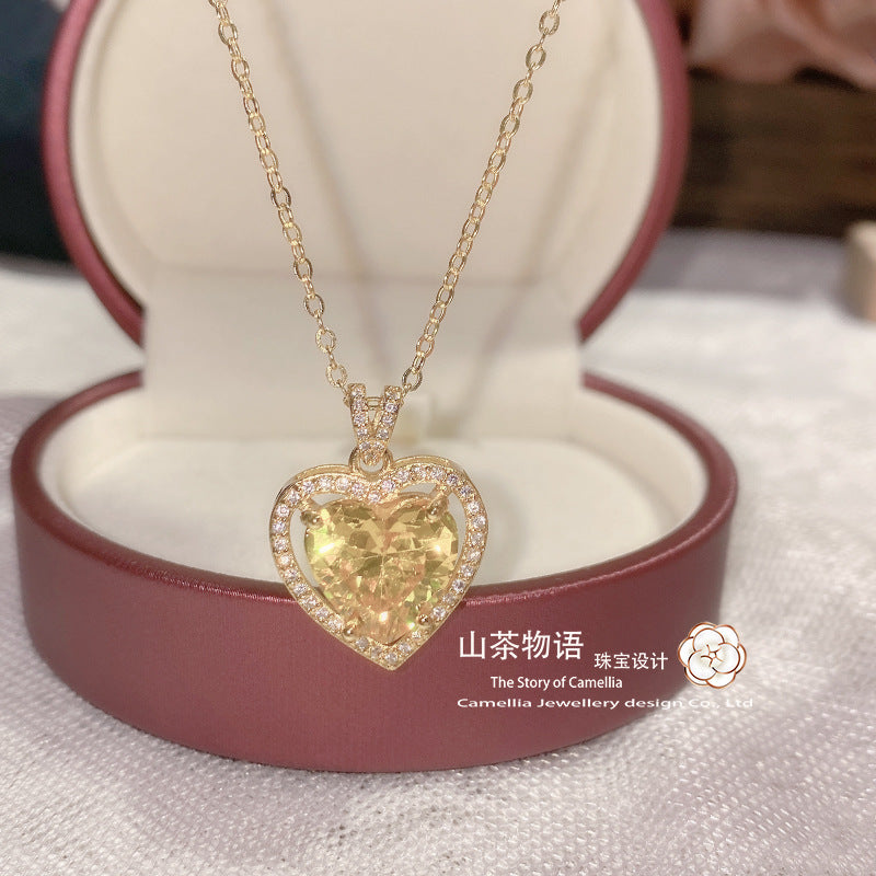 Camellia金色waltz灵动项链女 微镶爱心黄水晶10*10锆石小众吊坠
