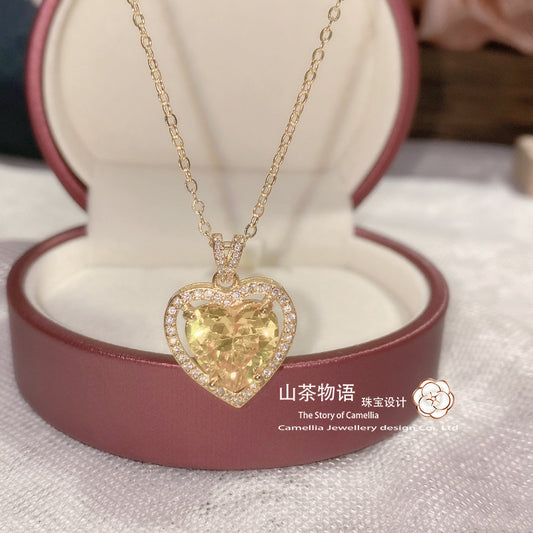 Camellia金色waltz灵动项链女 微镶爱心黄水晶10*10锆石小众吊坠