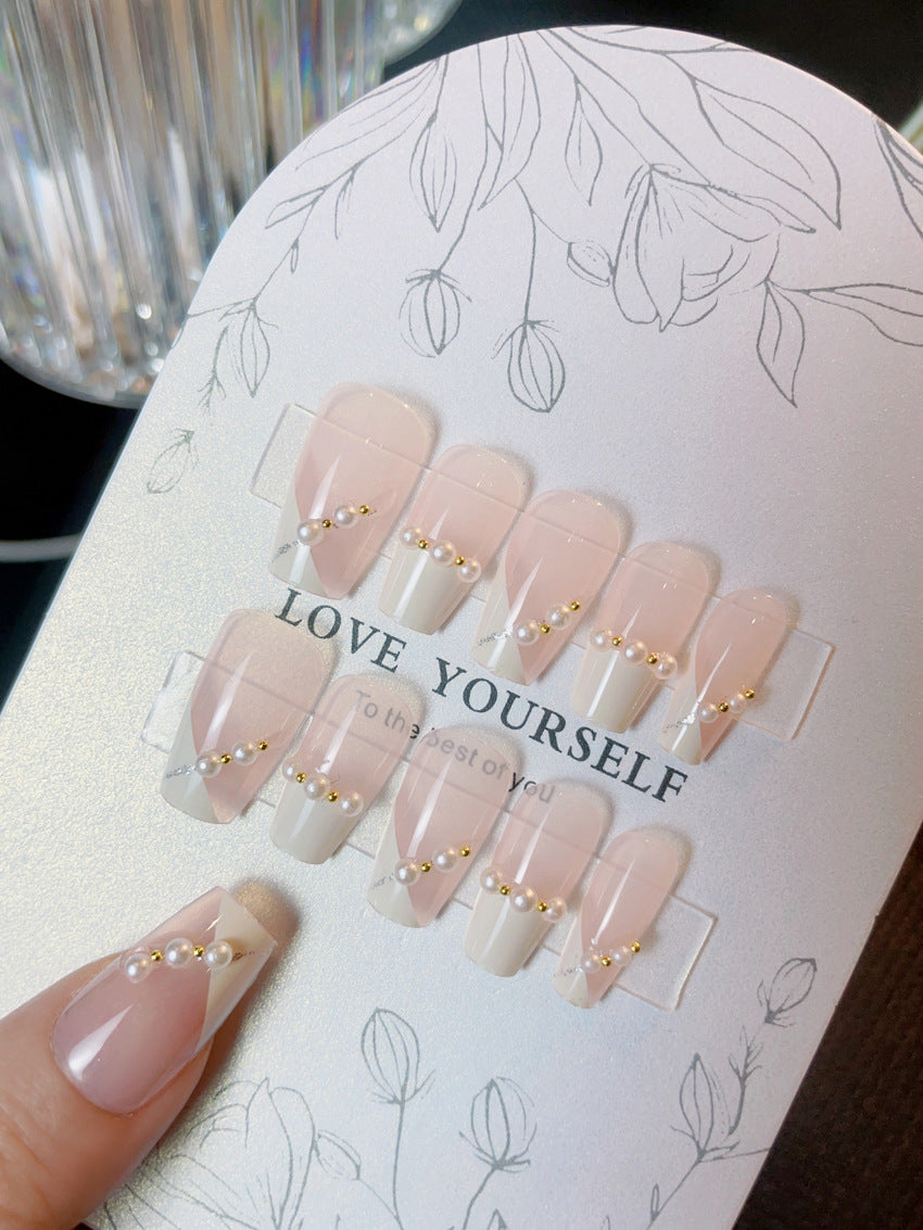 Fashion  nail New Fresh Sweet French Pearl Nail Beauty Patch Fake Nails Fresh Handmade Wear Nail Wholesale A28