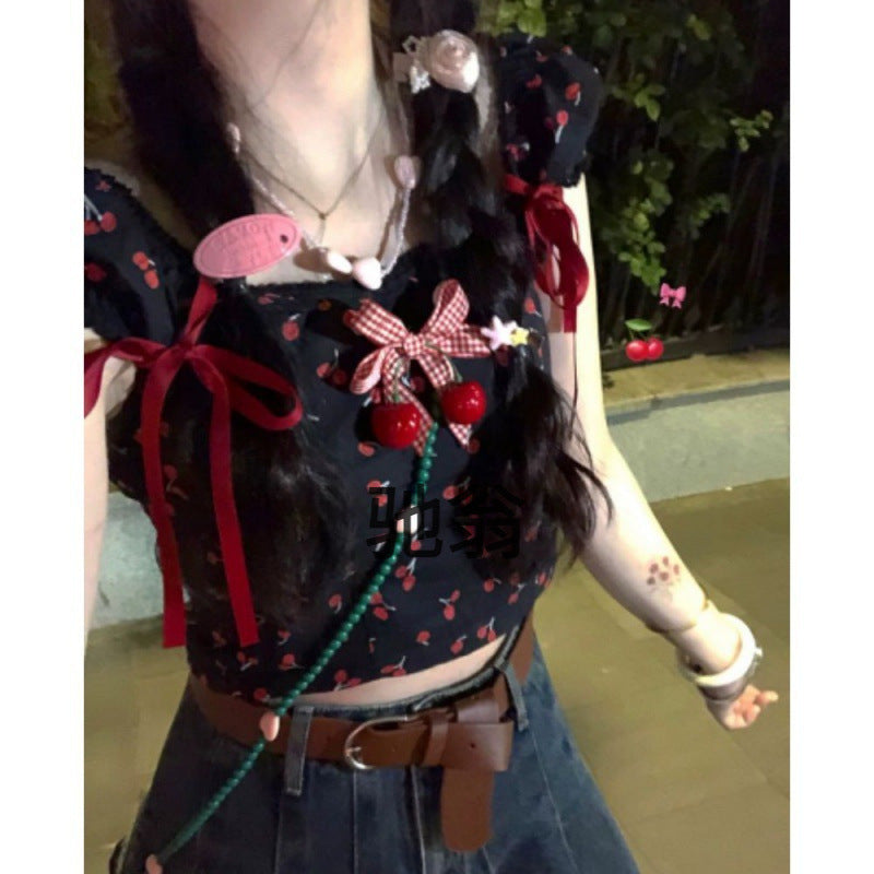 Dopamine tops Free shipping Tattoo Sweet dopamine braided rope bow lace-up short-sleeved T-shirt women's summer new cherry brooch short top