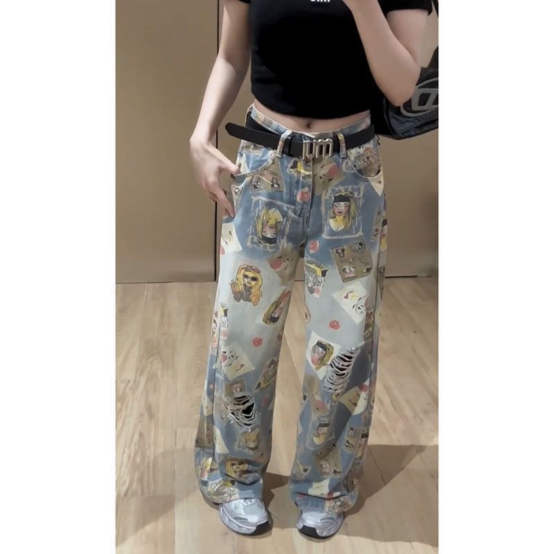 Free shipping Dopamine print ripped jeans women's   high waist loose and thin wide leg pants ins trend style pants
