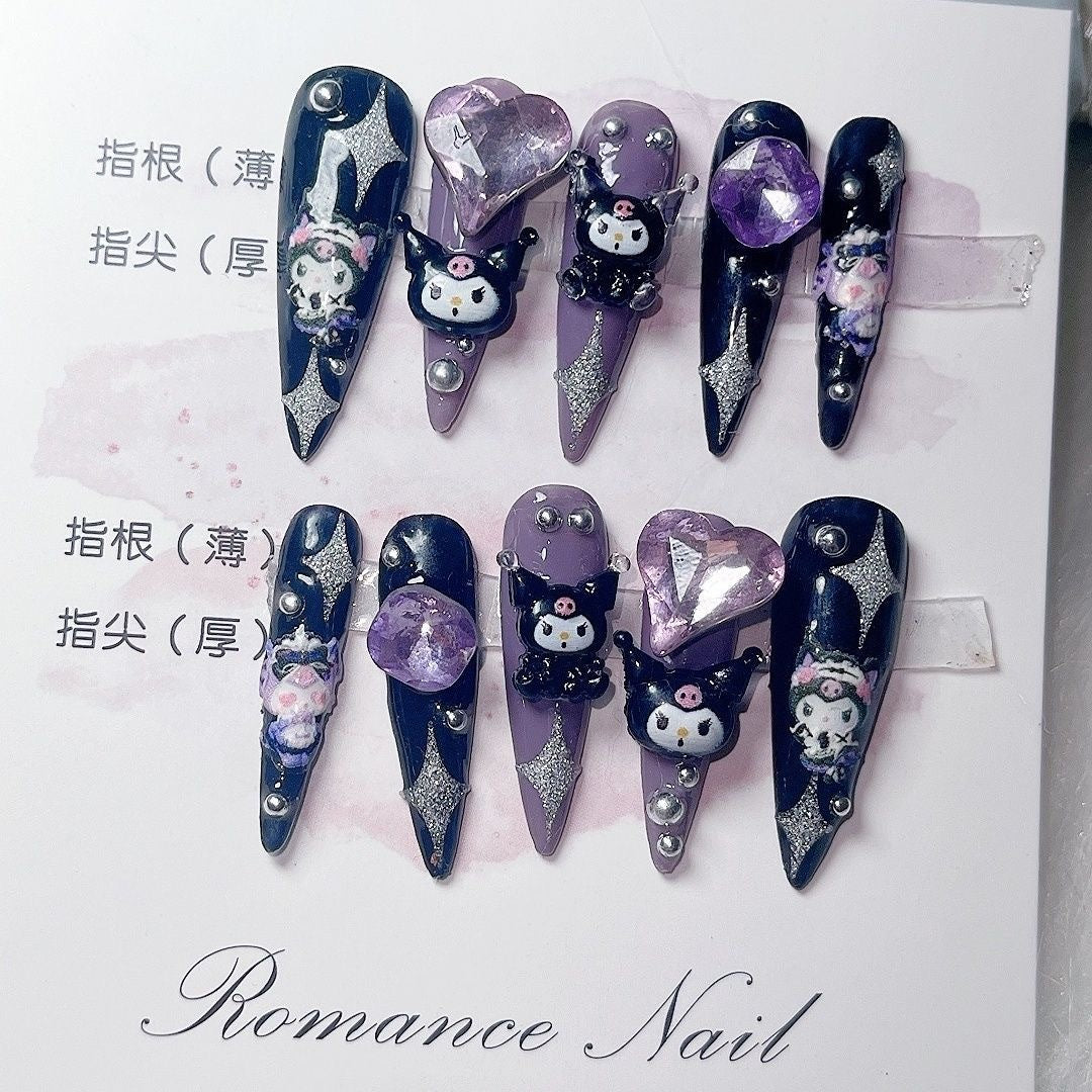 (Hand-Made Nail) Miss Meow Handmade Manicure Clow M Manicure Wear Nail Y2g Purple Black Three-Dimensional Hot Girl Cartoon Finished Patch