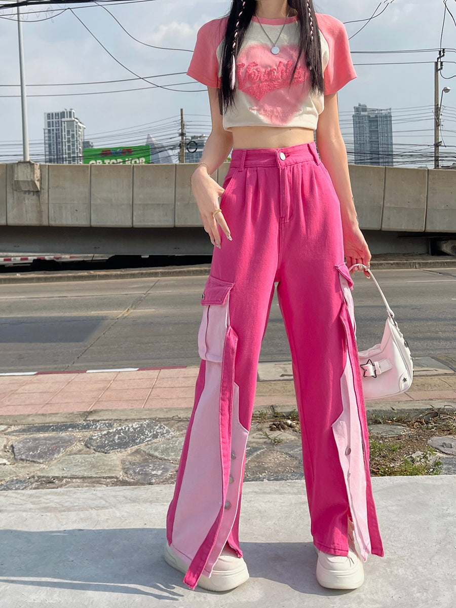 Dopamine pants Free shipping Tattoo Pink tooling jeans women's spring spice girl dopamine high waist temperament design sense color matching straight trousers