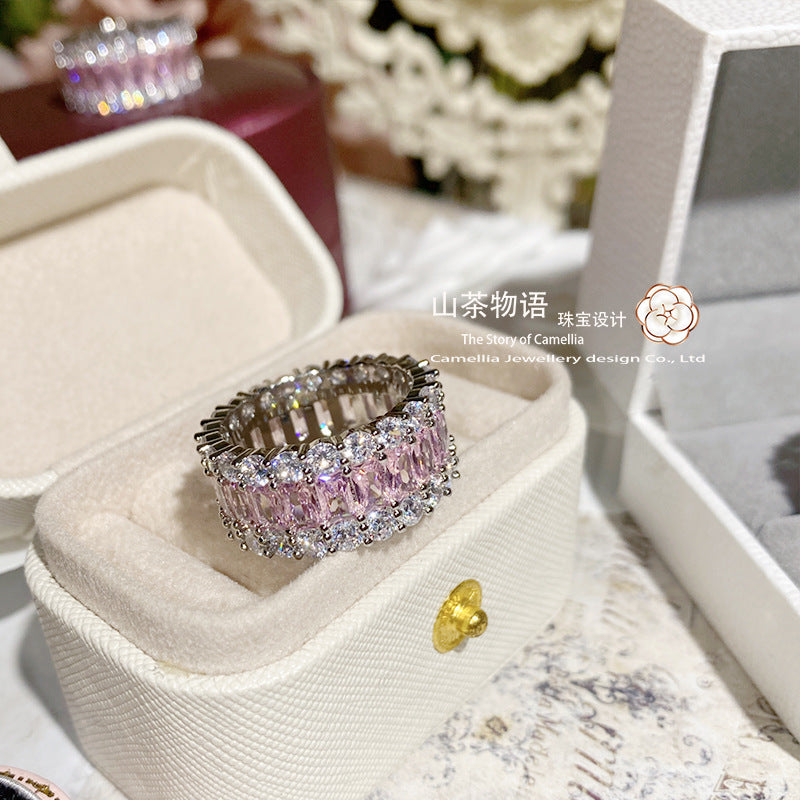 Camellia经典新品仿帕帕拉恰粉粉锆石戒指 镀金 御姐气质百搭排戒