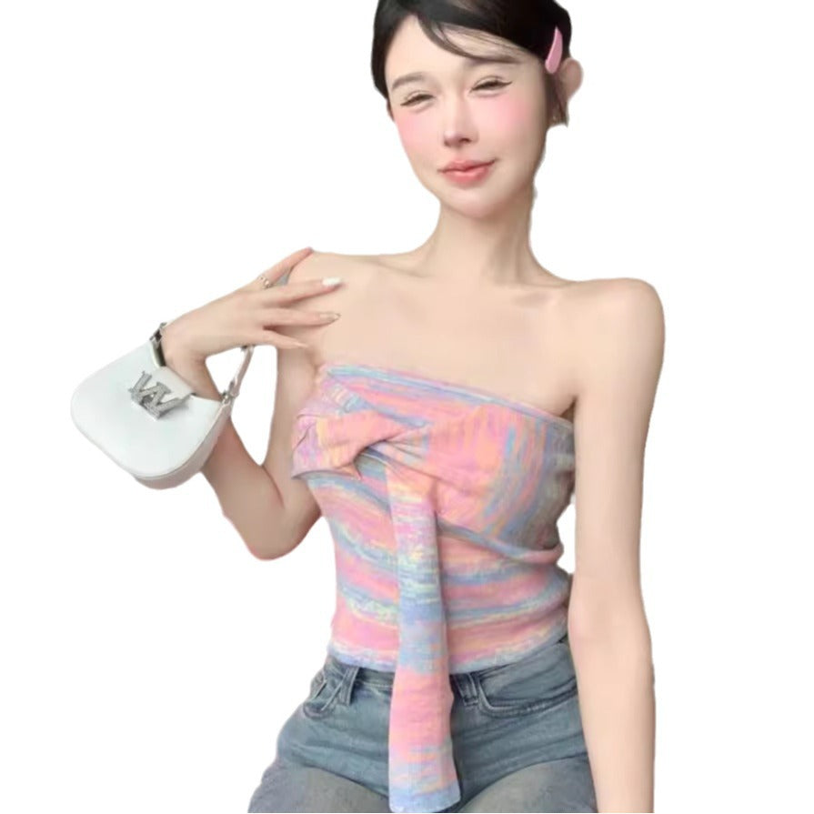 Dopamine tops Free shipping Tattoo Dopamine Color Striped Irregular Suspender Vest Women's Summer Outside Pure Desire Sweet Spice Girl Tube Top Bottom Top