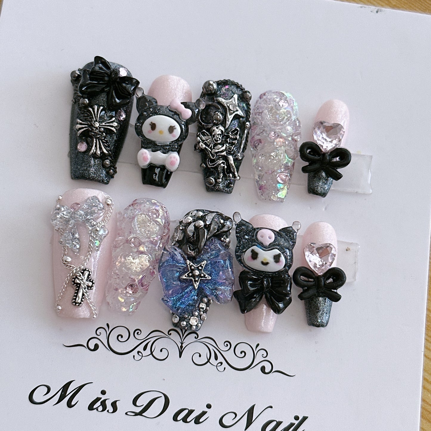 (Hand-Made Nail) Hand-Worn Nail Pink Black Hot Girl Sweet Cool Coolomi Bow Nail Stickers Finished Product Wholesale