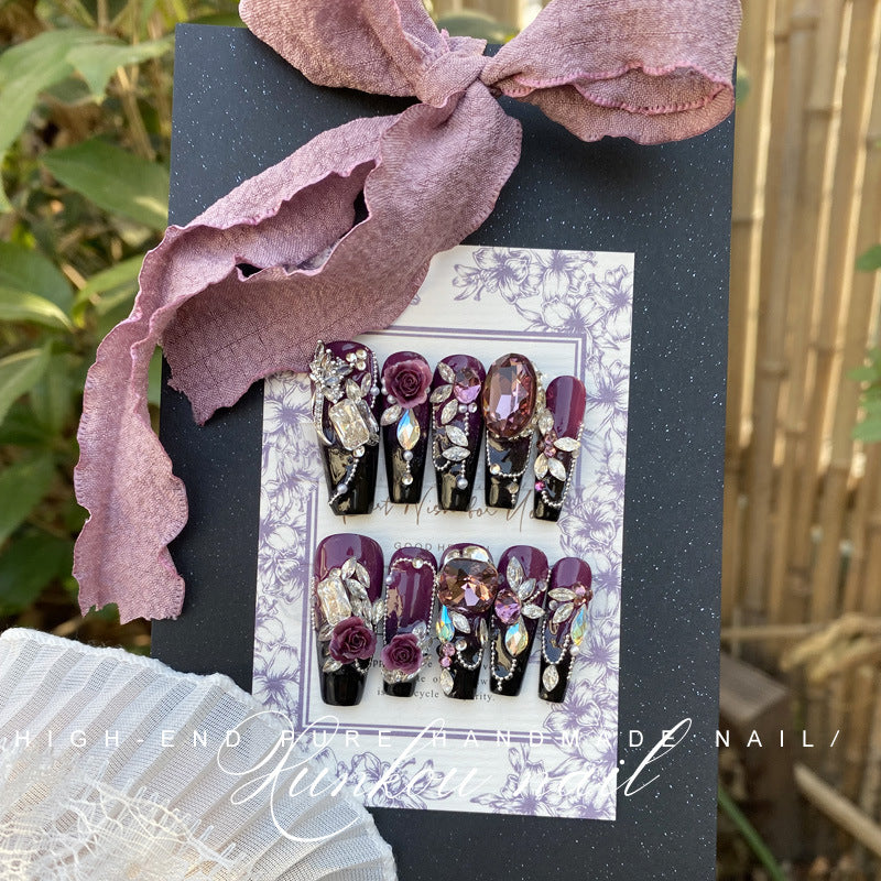 (Hand-Made Nail) Handmade Wear Nail Factory Straight Hair Huazi Purple Heavy Industry Gradient Butterfly Flower Advanced Blooming Manicure