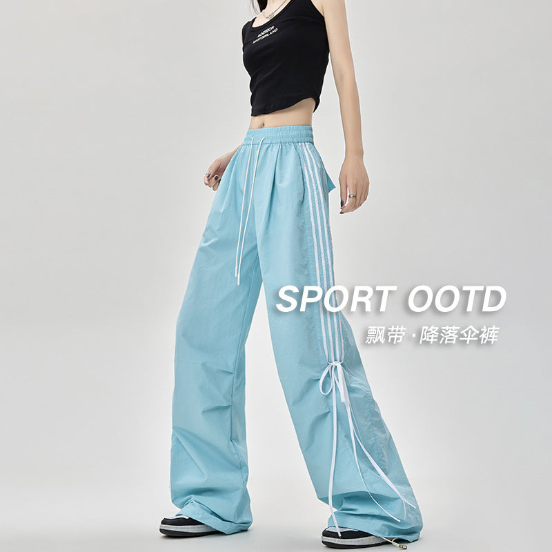 Dopamine pants Free shipping Tattoo American dopamine parachute overalls women's summer bow streamer dancing pants wide-leg ice silk quick-drying pants