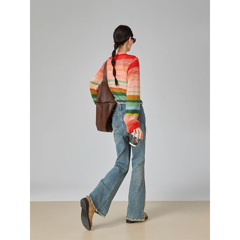 Dopamine tops Free shipping Tattoo Rainbow contrasting mohair striped knitted sweater women's thin 2024 spring and autumn new dopamine outer cardigan top