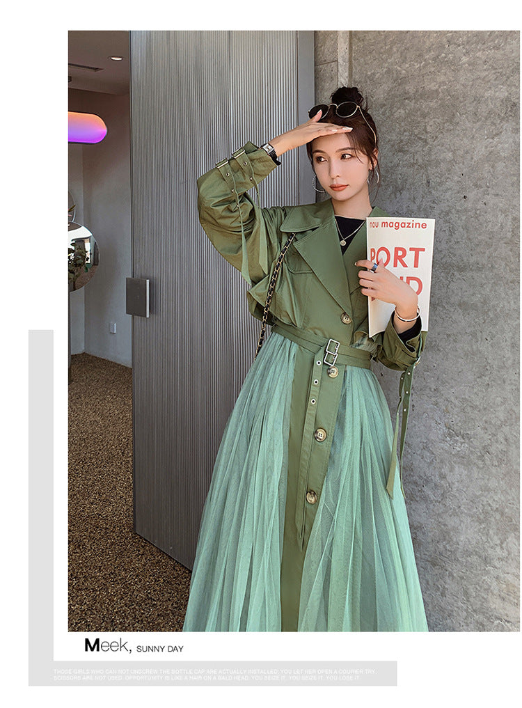 Fashion women's wear A Large Number of in Stock 2024   Purpleflower Holly Leaf Spring and Autumn Trench Coat Women's French Mesh Stitching Casual Temperament Coat