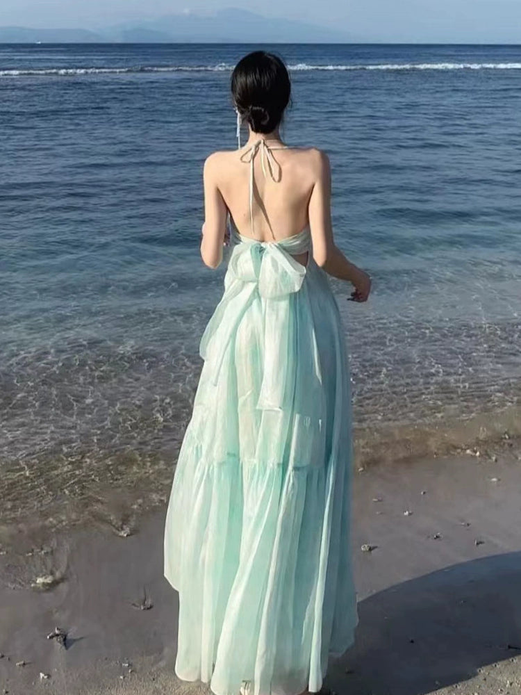Fashion women's wear French Pure Desire Style Sexy Backless Halter Sling Dress Fairy Temperamental Beautiful Seaside Vacation Beach Dress
