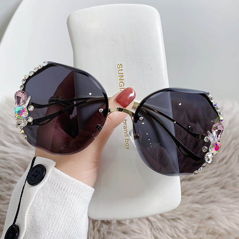 Women's fashion glasses 2024大框跨境韩版水钻太阳眼镜防紫外线水晶墨镜镶钻小香风眼镜女