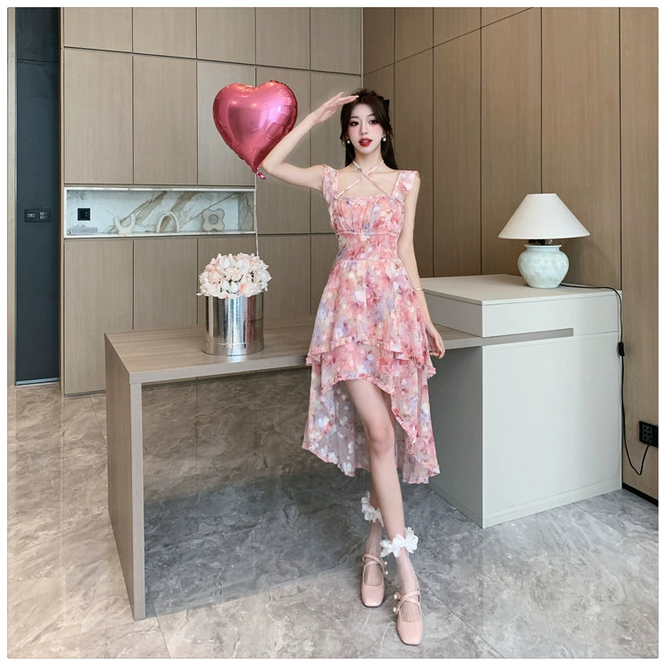 Fashion women's wear Sexy Halter Strap Floral Dress Women's Summer Seaside Vacation Beach Fairy Dress Irregular Trailing Skirt