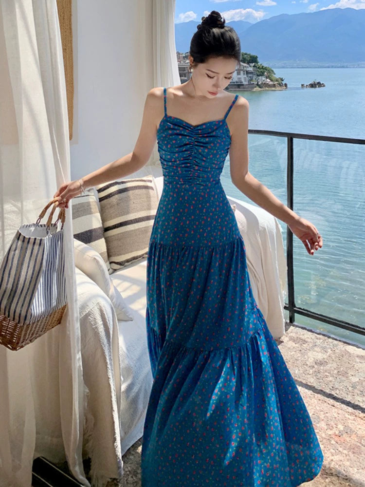 Fashion women's wear off-Shoulder Spaghetti Straps Dress Women's Summer Sanya Seaside Holiday Beach Skirt Floral Backless Waist Trimming Ankle-Length Dress