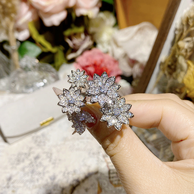 山茶宫廷奢华复古繁花璀璨满钻戒指女 镀18K金星河锦簇花朵开口戒