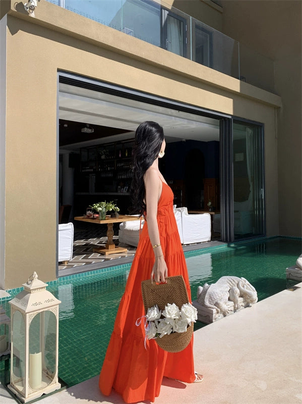 Fashion women's wear Yunnan Travel Photography Fairy Dress Orange Deep V-neck Backless Sling Dress Sanya Seaside Beach Skirt Female