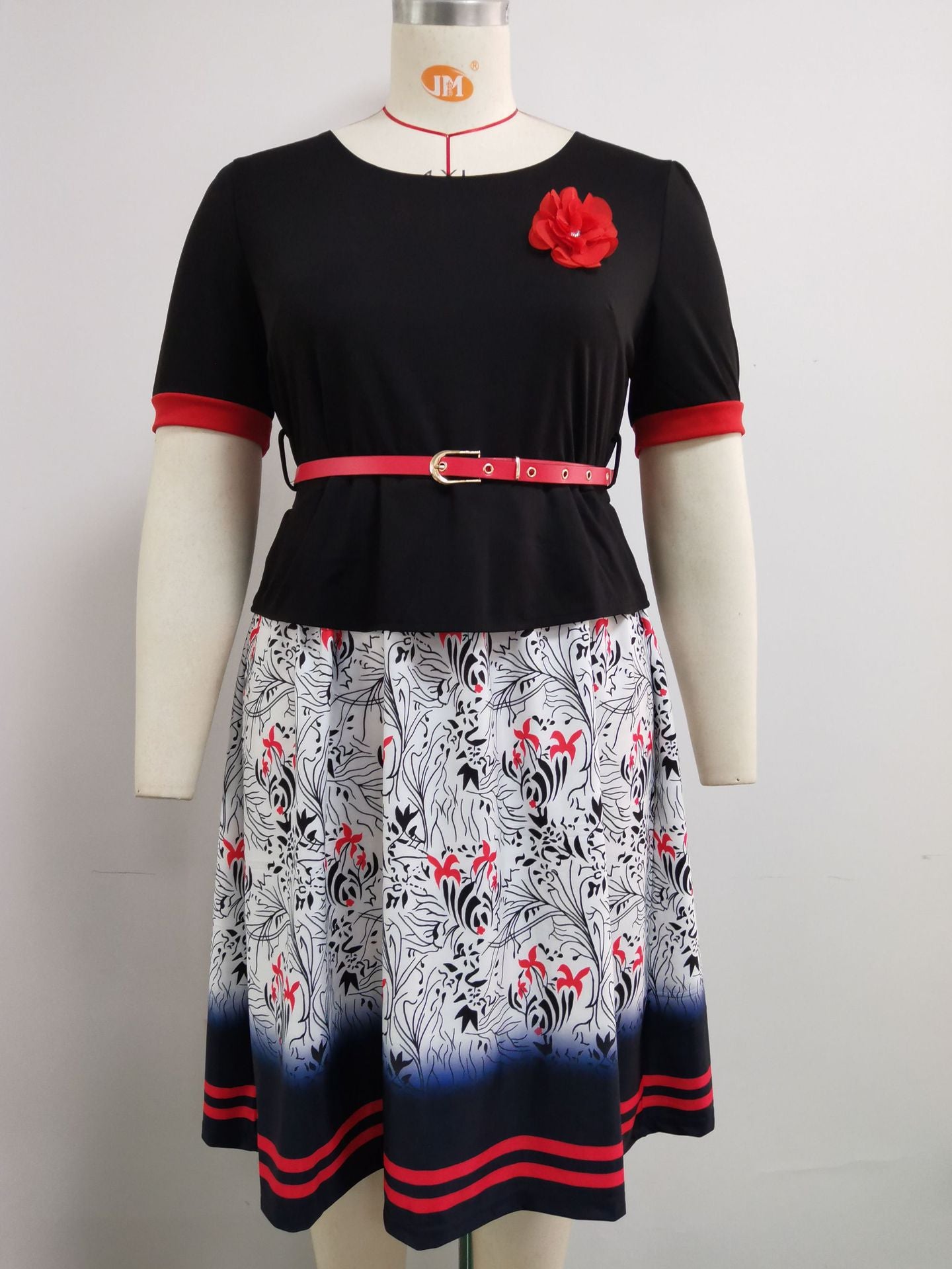 Fashion women's wear 2XL 6XL   plus Size Women's Clothing New round Neck Short Sleeve Wide Hem Printed Stitching Dress Jx024