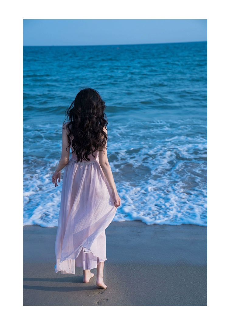 Fashion women's wear French Fried Street Tea Break Milk Sweet Escape Princess Dress Sweet Salt Pink Roses Pure Desire Beautiful Sling Dress