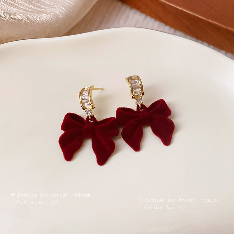 银针红色系植绒蝴蝶结耳环秋冬甜美气质耳钉时尚高级感耳饰批发女