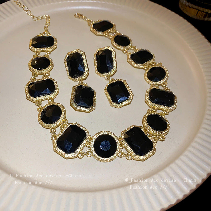 欧美夸张方形几何水晶项链复古宫廷风锁骨链高级感中古饰品批发女