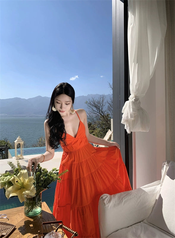 Fashion women's wear Yunnan Travel Photography Fairy Dress Orange Deep V-neck Backless Sling Dress Sanya Seaside Beach Skirt Female
